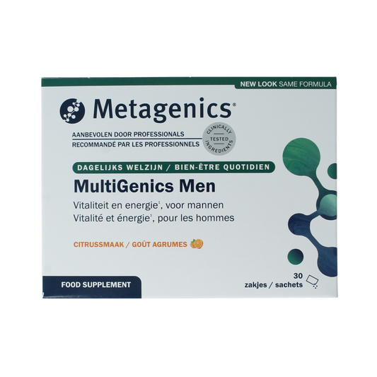 Metagenics Multigenics Men multivitamin sachets showing colorful vitamin packaging and supplement sachets.
