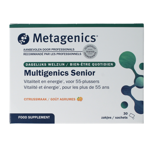 Metagenics Multigenics Senior multivitamin sachets, dietary supplements for older adults, with colorful packaging and individual sachets.
