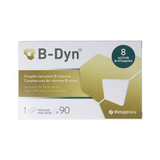 Metagenics B-Dyn multivitamin tablets, 90-count bottle, featuring B vitamins for daily nutritional support.