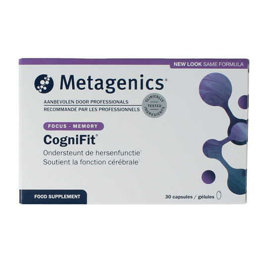 Metagenics Cognifit capsules for mental focus and alertness, displayed in a bottle with label and capsules inside.