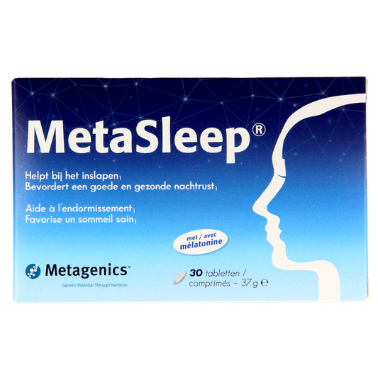 Metagenics Metasleep mineral multivitamin tablets, 30-count, with colorful tablets visible in a bottle.