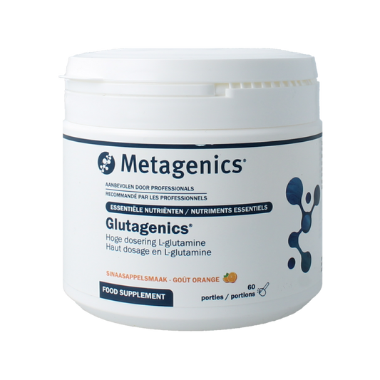 Bottle of Metagenics Glutagenics amino acids supplement with 167 grams, featuring a label with product details.