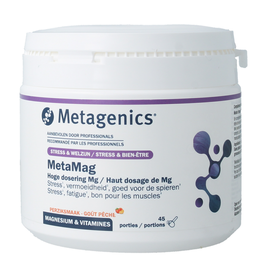 Bottle of Metagenics Metamag Peach mineral multivitamin supplement, 227 grams, showing the product label and packaging.