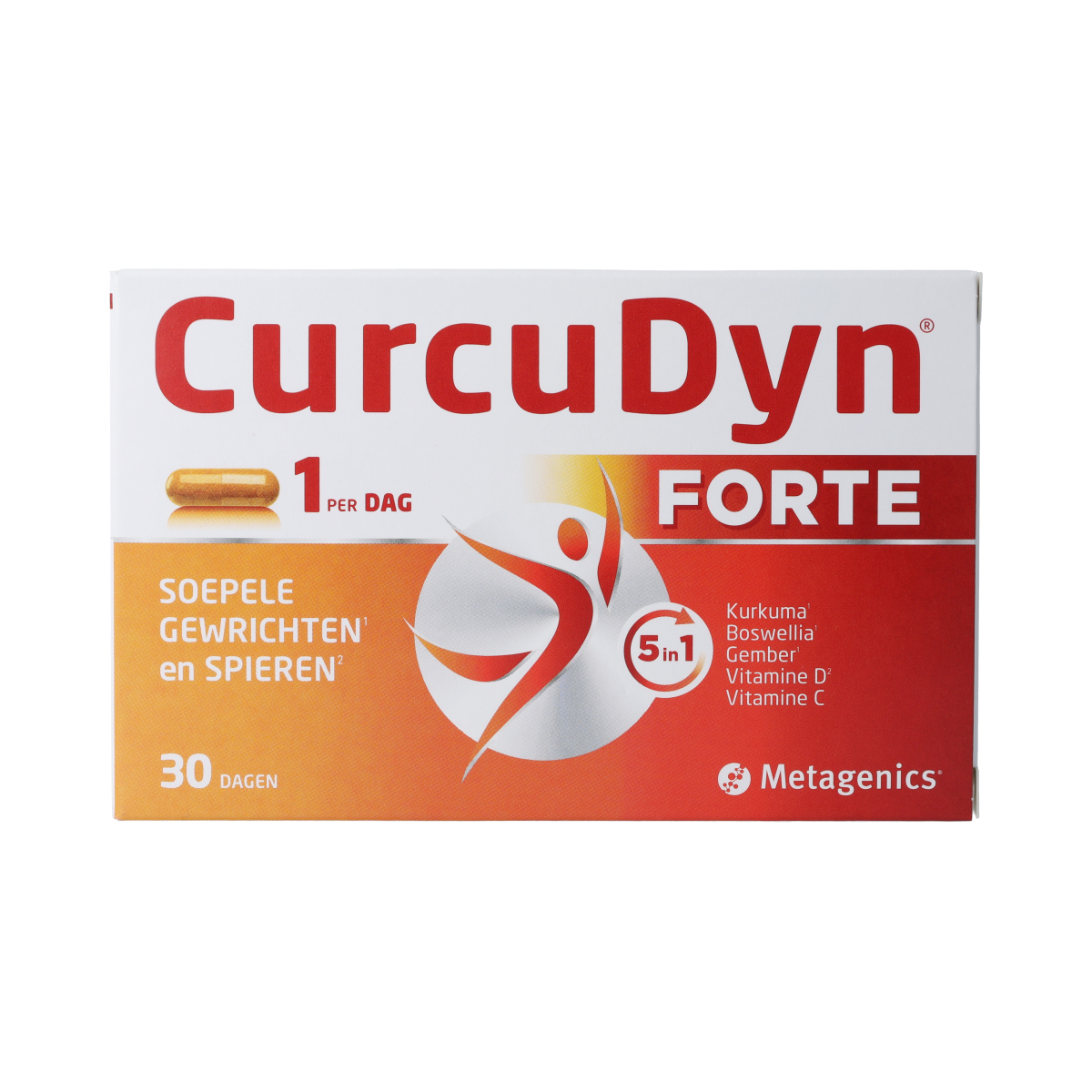 Metagenics Curcudyn Forte herbal supplement capsules in a bottle, natural remedy for inflammation and joint health.