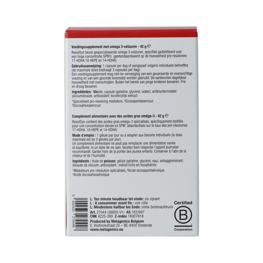 Bottle of Metagenics Resoldyn Vetzuren dietary capsules in a white container with a label showing product details.
