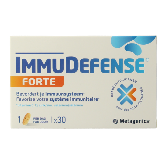 Metagenics Immudefense Forte probiotic tablets with micro-organisms in a blister pack, designed to support immune health.