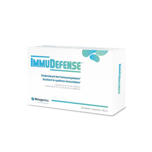 Metagenics Immudefense micro-organismen supplement bottles with tablets, showing the packaging and label details.