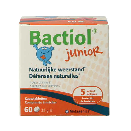 Metagenics Bactiol Junior chewable tablets with micro-organisms for kids, shown in a colorful container.