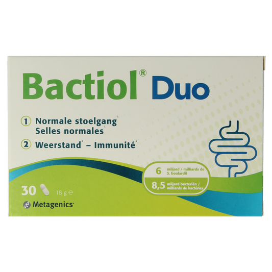 Metagenics Bactiol Duo probiotic capsules with micro-organisms in a clear bottle, labeled for gut health support.