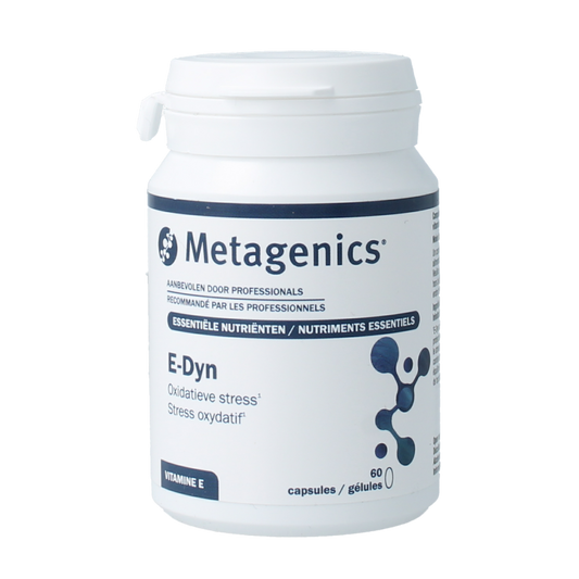 Metagenics E-Dyn multivitamin capsules, 60-count bottle, featuring vitamin E and essential nutrients in clear capsule form.
