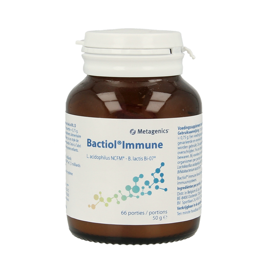 Metagenics Bactiol immune micro-organisms supplement in a 66-serving container, showcasing probiotic capsules on a white background.