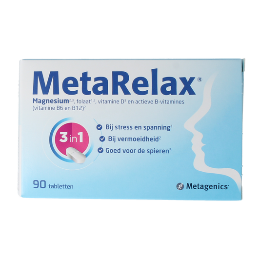 Metagenics Metarelax mineral multivitamin tablets in a blister pack, dietary supplement for relaxation and mineral support.