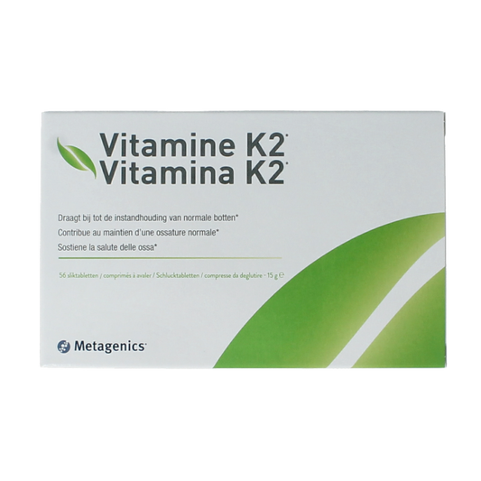 Metagenics Vitamin K2 supplement in a bottle of 56 tablets, featuring round tablets and the product label.