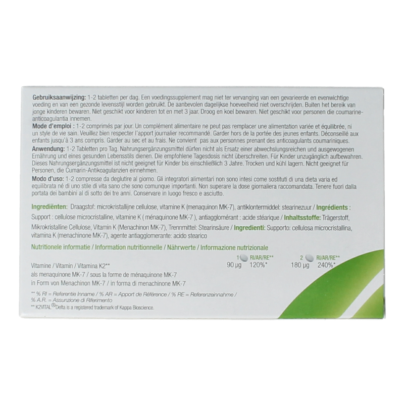 Metagenics Vitamin K2 supplement in a bottle with 56 tablets, featuring the product label and tablet images.