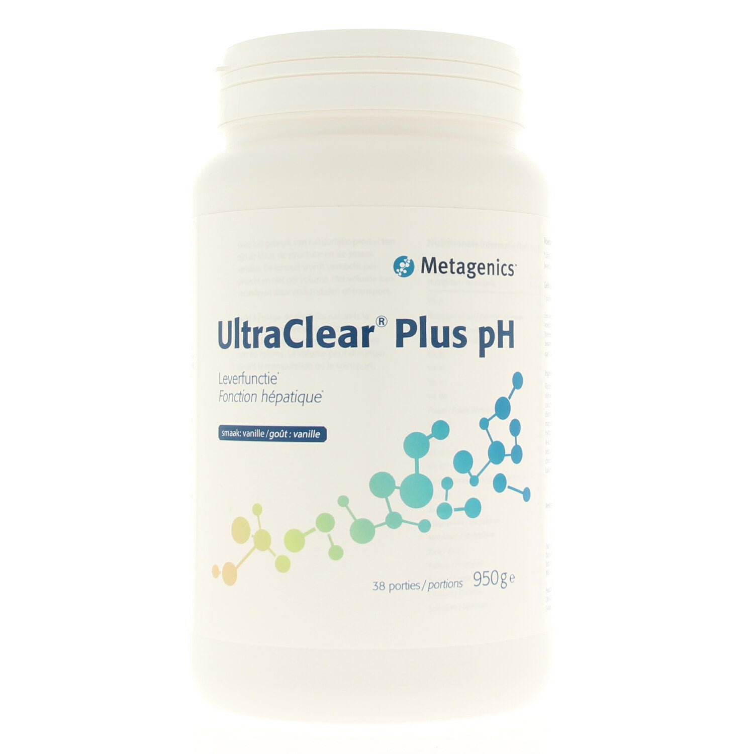 Metagenics Ultra Clear Plus pH Vanille amino acids supplement, 965g tub with vanilla flavor and supplement packaging visible.