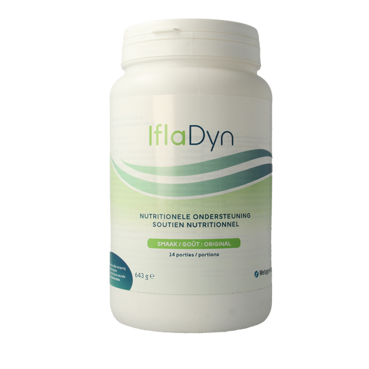 Metagenics Ifladyn multivitamin powder in a 14-scoop, 643g container, showing the label and scoop.