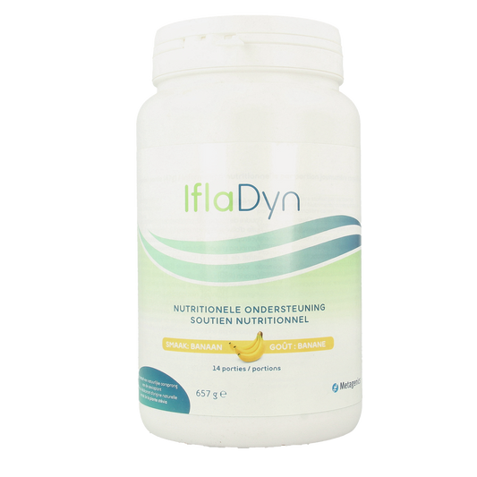 Metagenics Ifladyn banana multivitamin powder in a 14-scoop container, 657 grams, with banana flavor and supplement packaging.