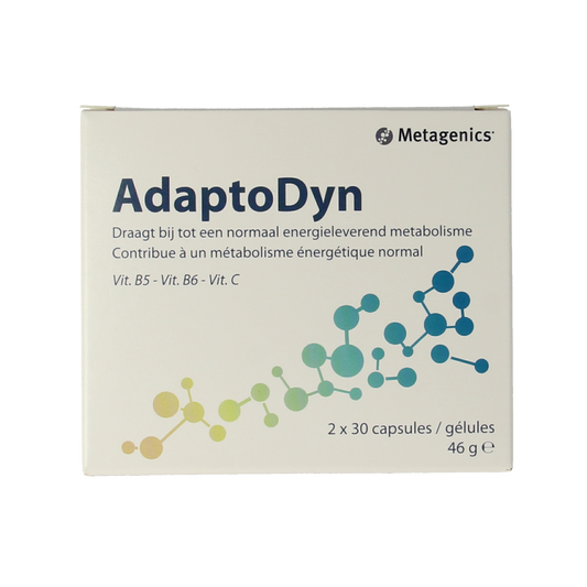 Bottle of Metagenics Adaptodyn multivitamin capsules with label visible, containing 60 capsules for overall wellness and stress support.