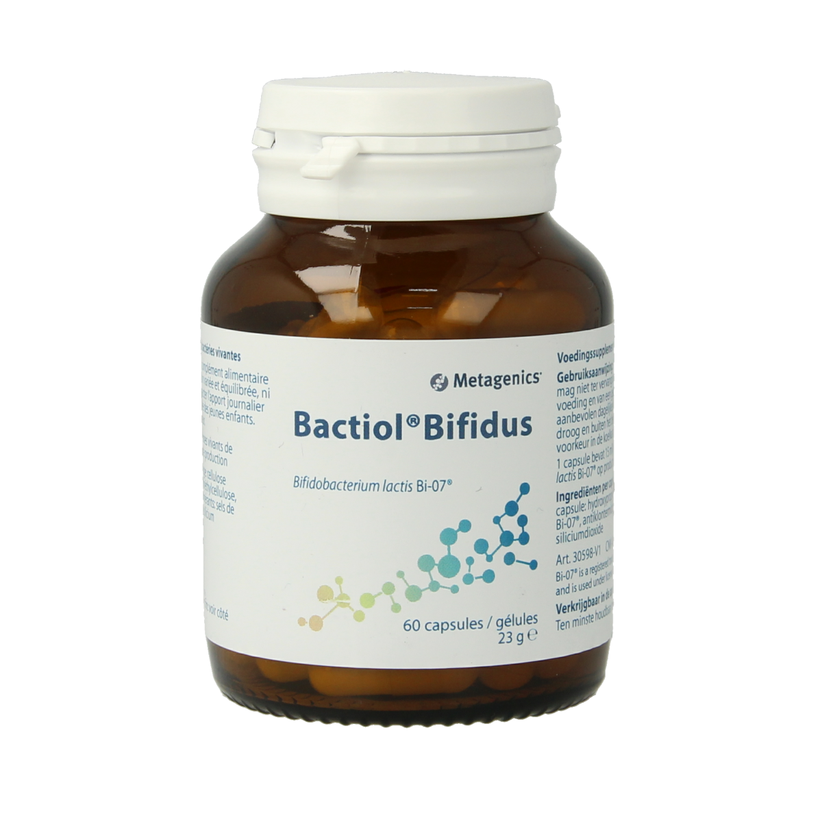 Metagenics Bactiol bifidus probiotic capsules blister pack showing 60 capsules, containing beneficial micro-organisms for gut health.