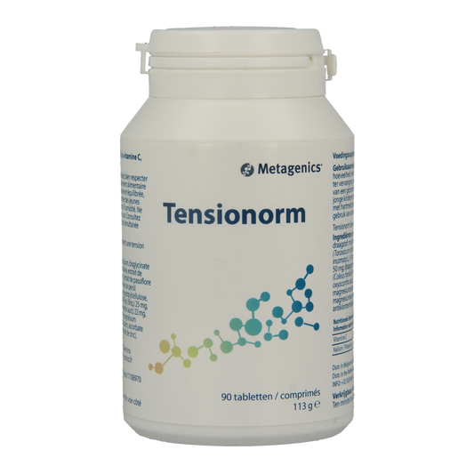 Metagenics Tensionorm herbal supplement tablets, 90 count, featuring natural herbal ingredients for stress relief.