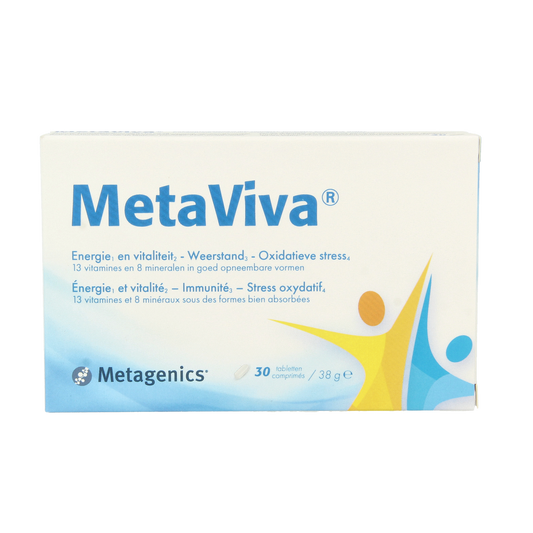 Metagenics Metaviva multivitamin tablets, 30-count bottle, showing the supplement packaging and tablets inside.