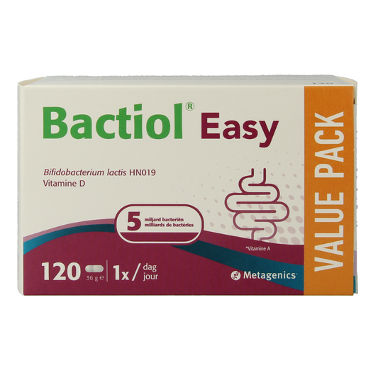 Metagenics Bactiol easy probiotic capsules, containing micro-organisms, displayed in a bottle against a white background.