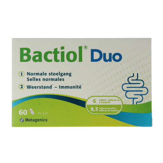 Metagenics Bactiol Duo NF probiotic capsules with micro-organisms in a clear bottle on a white background
