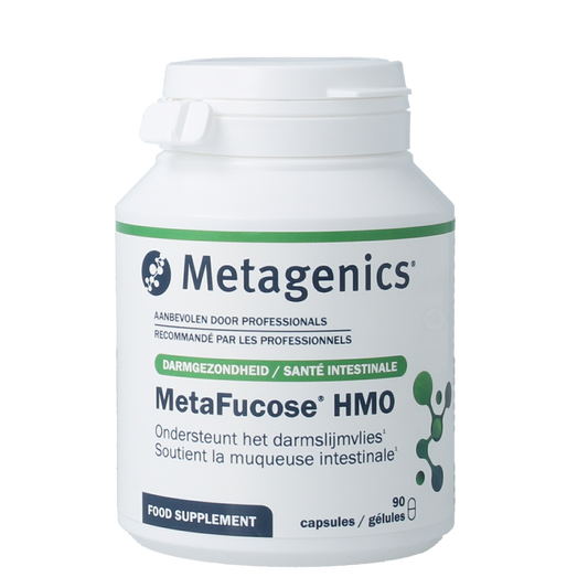 Bottle of Metagenics MetaFucose HMO NFD capsules, a dietary mineral supplement with 90 capsules on a white background.