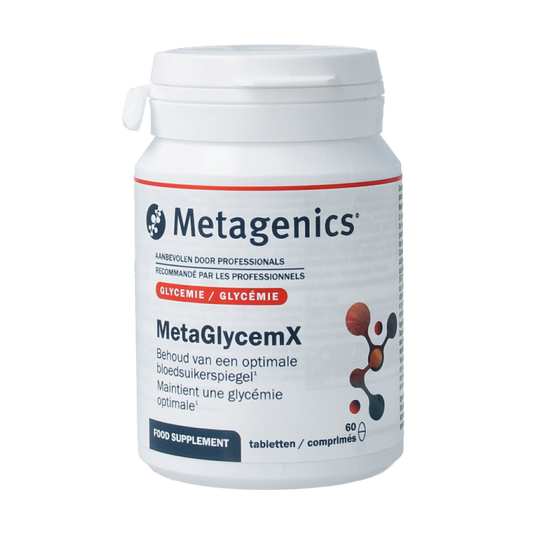 Metagenics Metaglycemx multivitamin tablets, dietary supplement for blood sugar support, shown in a bottle with 60 tablets.