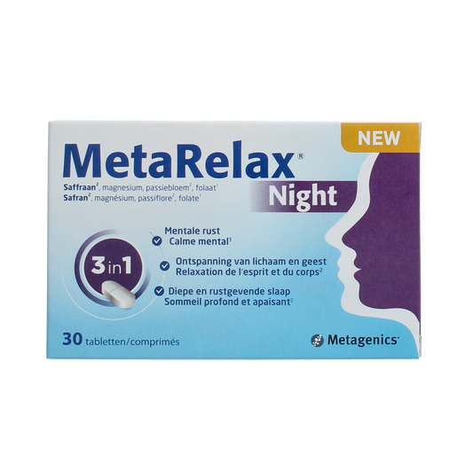Box of Metagenics Metarelax Night herbal supplement tablets with 30 count, featuring natural herbal ingredients.