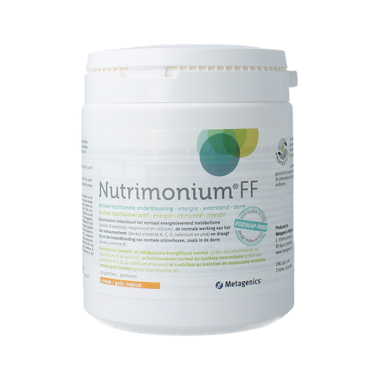 Metagenics Nutrimonium FODMAP-Free Tropical multivitamin supplement in 342g container, featuring colorful tropical fruit flavor.