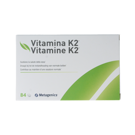Metagenics Vitamin K2 84-tablet bottle showing the supplement packaging and label.