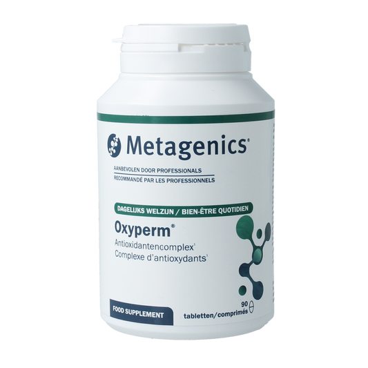 Metagenics Oxyperm NFD multivitamin tablets, dietary supplement with diverse vitamins and nutrients, arranged in bottles.