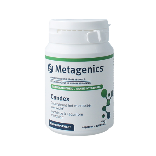 Metagenics Candex herbal supplement capsules in a bottle, used for supporting natural immune health and digestive balance.
