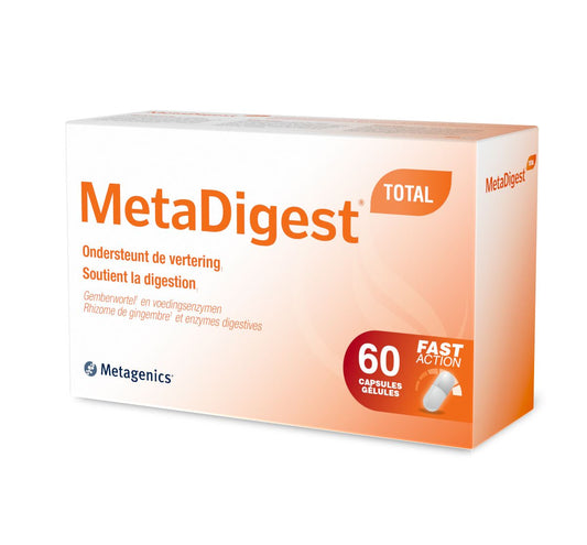 Metagenics Metadigest total capsules featuring dietary fibers and enzymes for digestive support, displayed in a clear container.