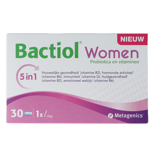 Metagenics Bactiol women probiotic capsules, dietary supplement for digestive health, 30 capsules in bottle.