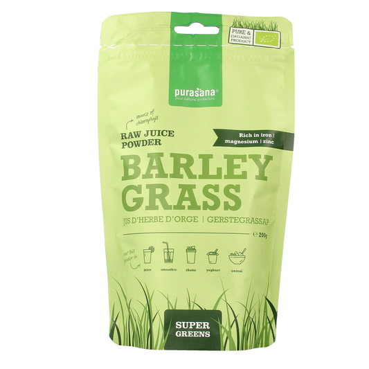 Purasana Gerstegras bio raw superfood powder in 200g package, vibrant green barley grass supplement for health and nutrition