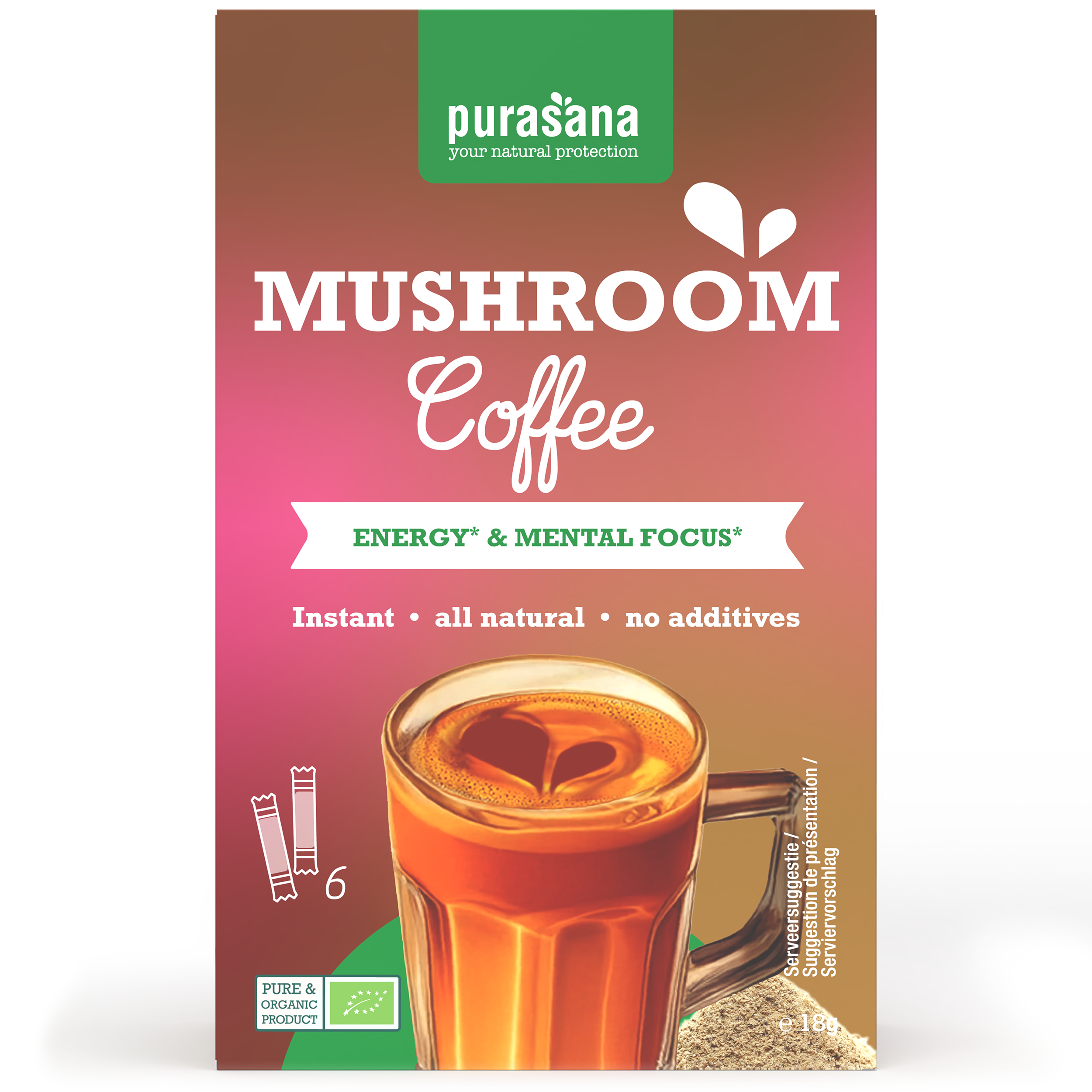 Purasana Instant mushroom coffee 6x3g bio 18 Gram