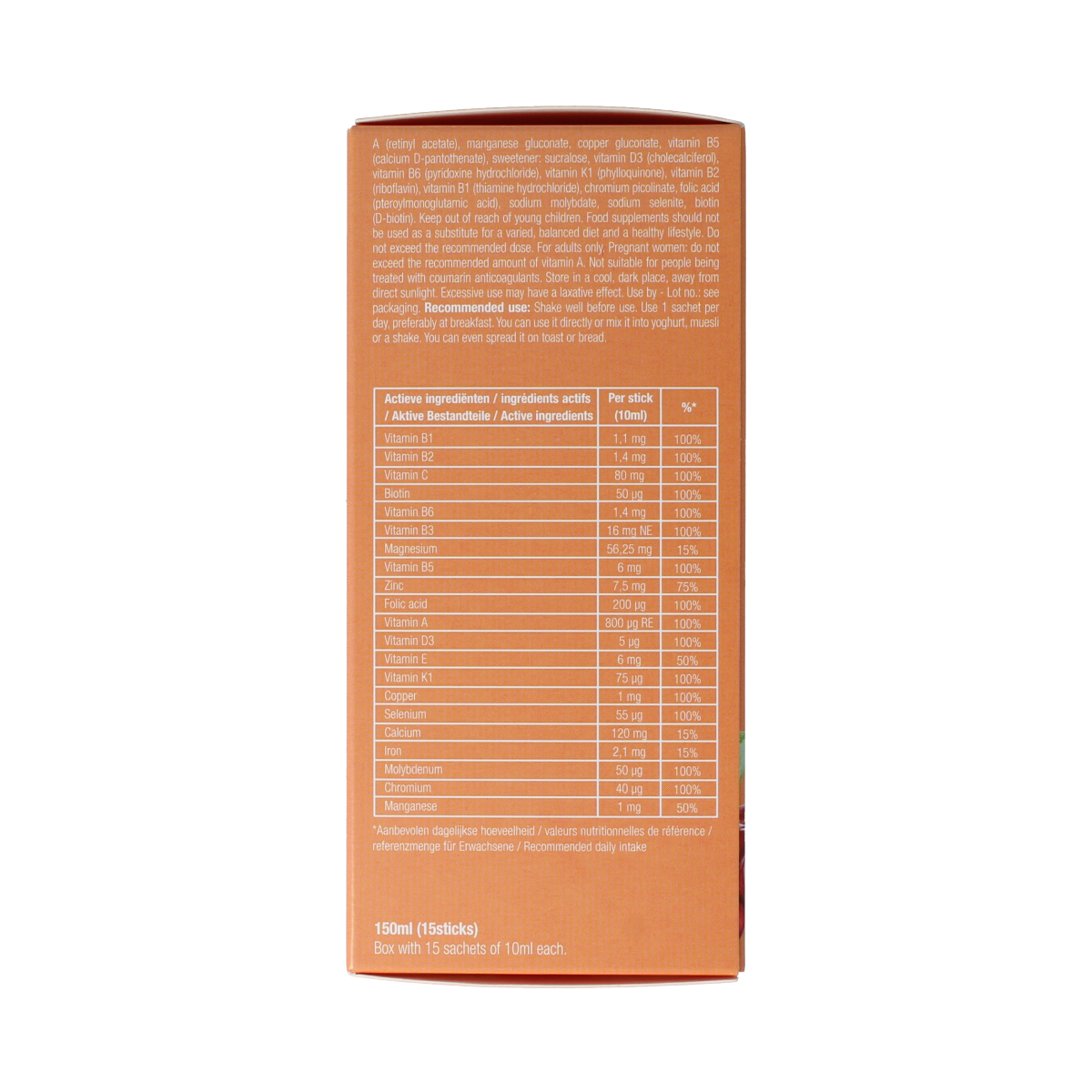Purasana multivitamin liquid gelstick, 10ml, pack of 15, showing the gelstick capsules and packaging for daily vitamin intake.