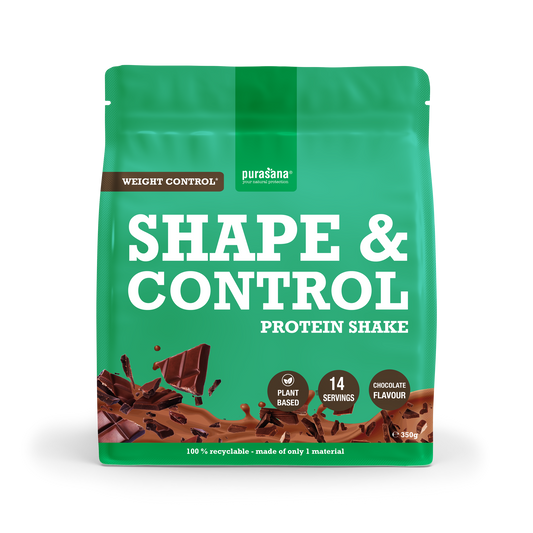 Purasana Shape & Control plant protein with amino acids in chocolate flavor, 350g, featuring a scoop and protein powder in a jar.