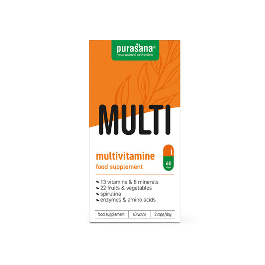 Purasana Multivitamine vegetarian capsules, dietary supplement for daily vitamin intake, shown in a clear close-up image.