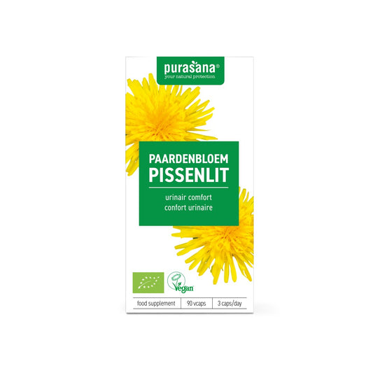 Purasana Paardenbloem vegan bio herbal capsules, vegetarian supplement in a white bottle with green label, 90 capsules.