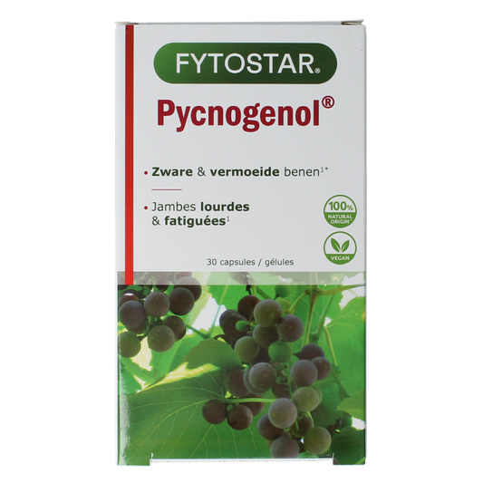 Fytostar Pycnogenol 30 capsules bottle, herbal supplement in a white container with label, on a plain background.