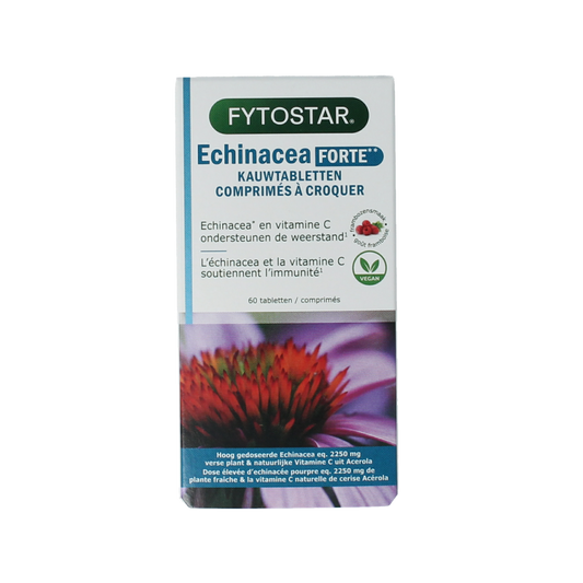 Fytostar Echinacea Forte 60 chewable tablets, herbal supplement with echinacea for immune support, in a colorful bottle.