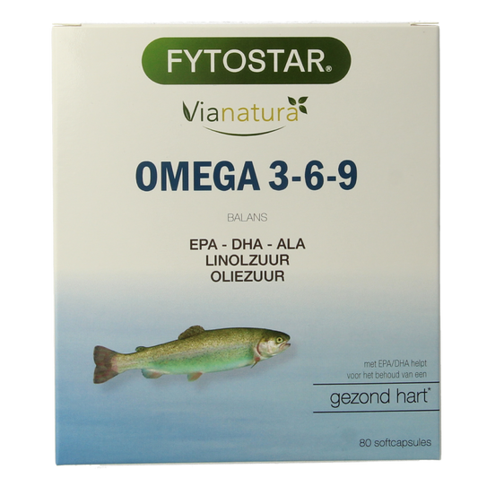 Fytostar Vianatura omega 3-6-9 capsules in a bottle, herbal supplement for overall health and wellness.