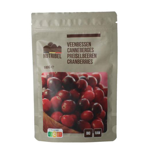 Raw organic lingonberries in a 100g package by Nutribel, showcasing fresh, vibrant berries in a natural superfood product.