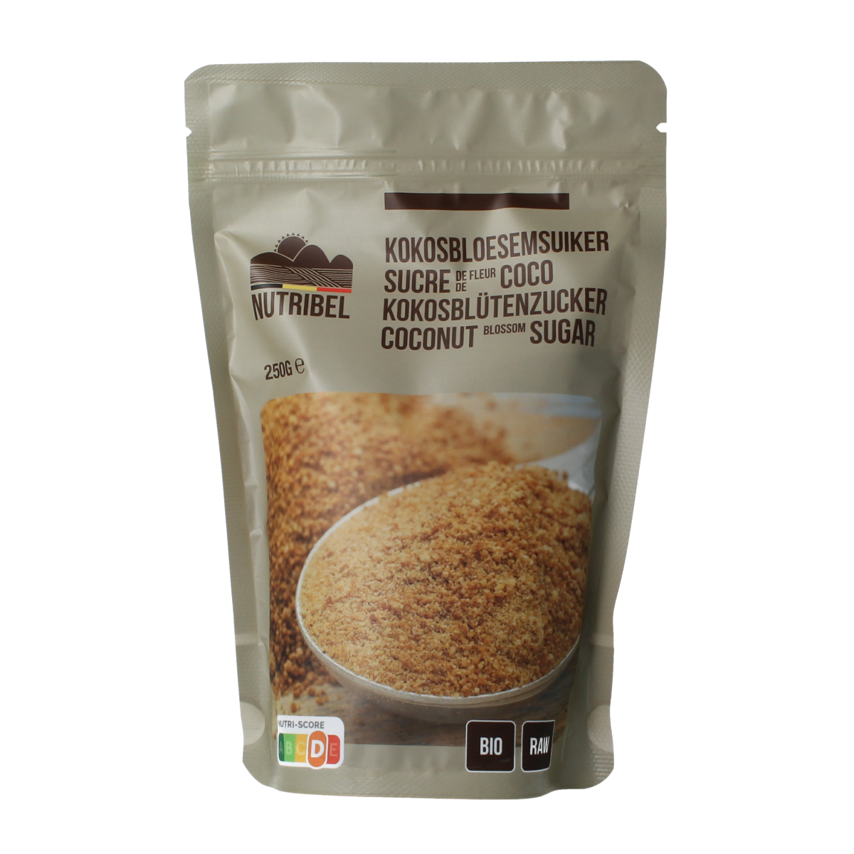 Nutribel bio raw coconut blossom sugar in a 250g package, natural sweetener from organic coconut flowers.