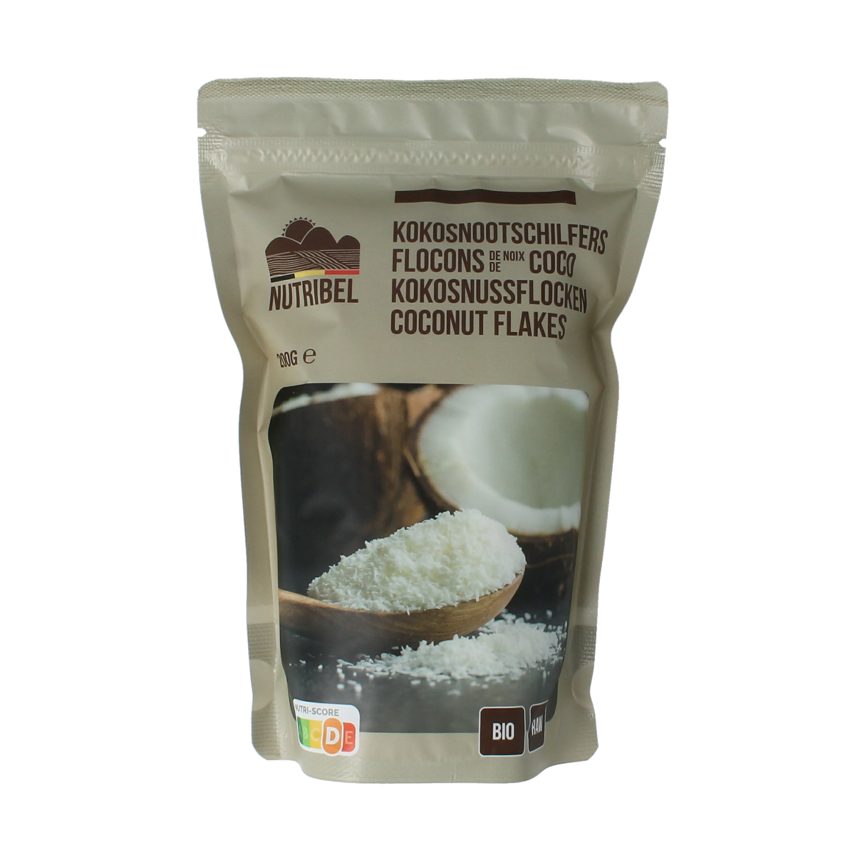 Raw organic coconut flakes from Nutribel, 200 grams, showing shredded coconut in a clear close-up image.