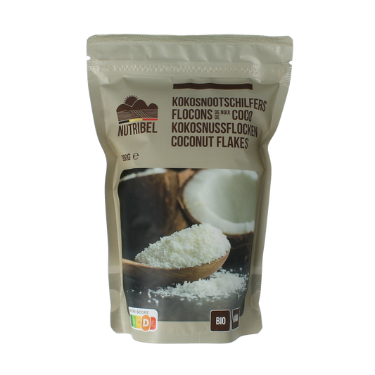 Raw organic coconut flakes from Nutribel, 200 grams, showing shredded coconut in a clear close-up image.