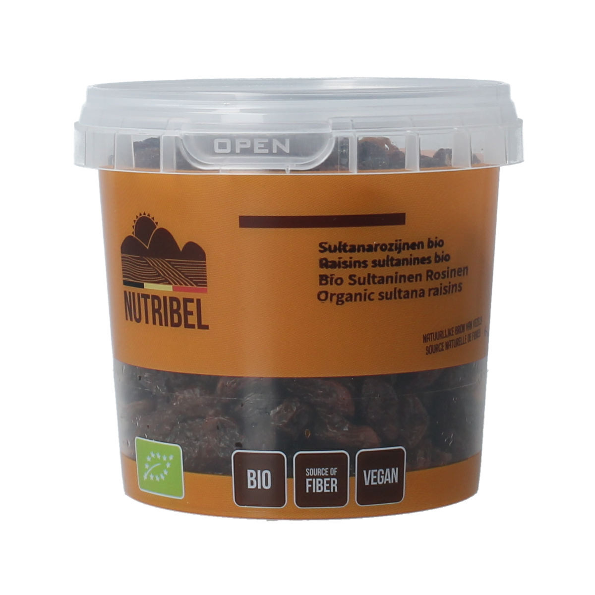 Organic Nutribel Sultana Raisins in a 200g package, showcasing dried, plump, natural sultana grapes for healthy snacking.